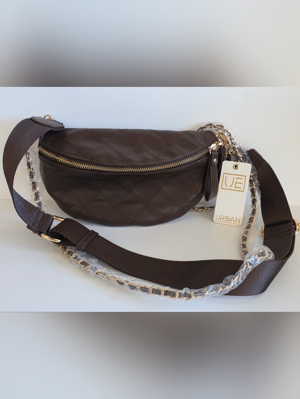 Urban Expressions Chocolate Quilted Crossbody Belt Bag with Chain Strap